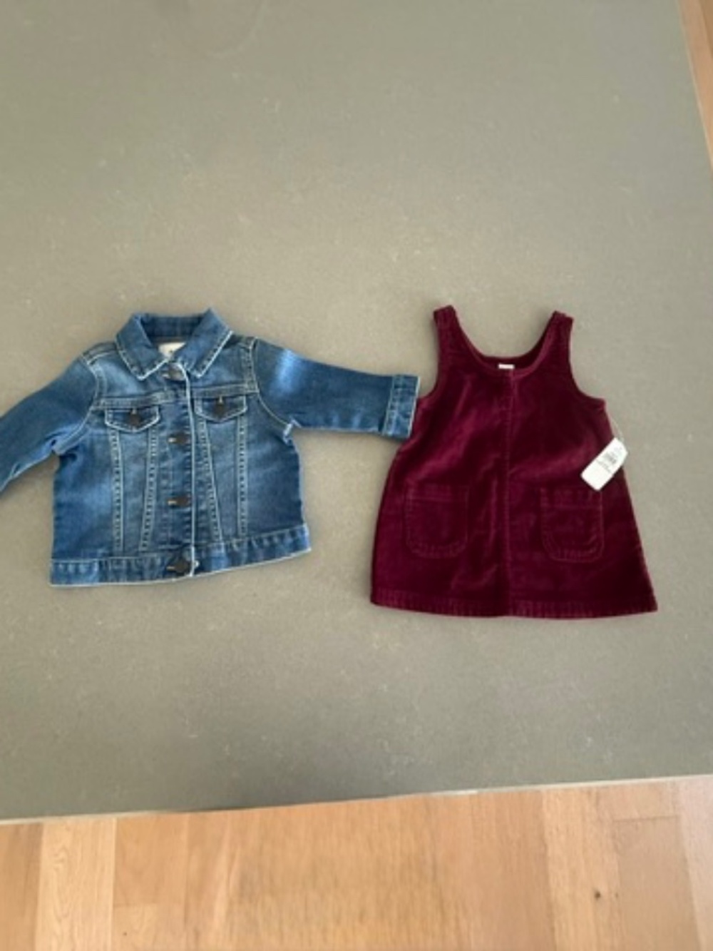 NWT/NWOT Baby Old Navy 6-12M Dark Wash Denim Jean Jacket & Maroon Dress